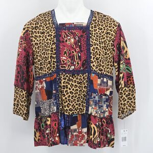 Calessa Embroidered Patchwork Tunic Top Blouse Womens Size Large Boho Patchwork